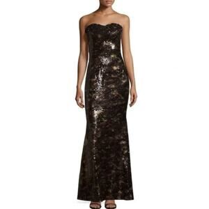 Marchesa Notte Black Camo Sequin Strapless Mermaid Evening Dress Gown Size 2